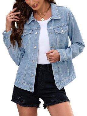 〽️ Women’s Faded Blue Long Sleeve Button Down Cropped Fitted Denim Jean Jacket